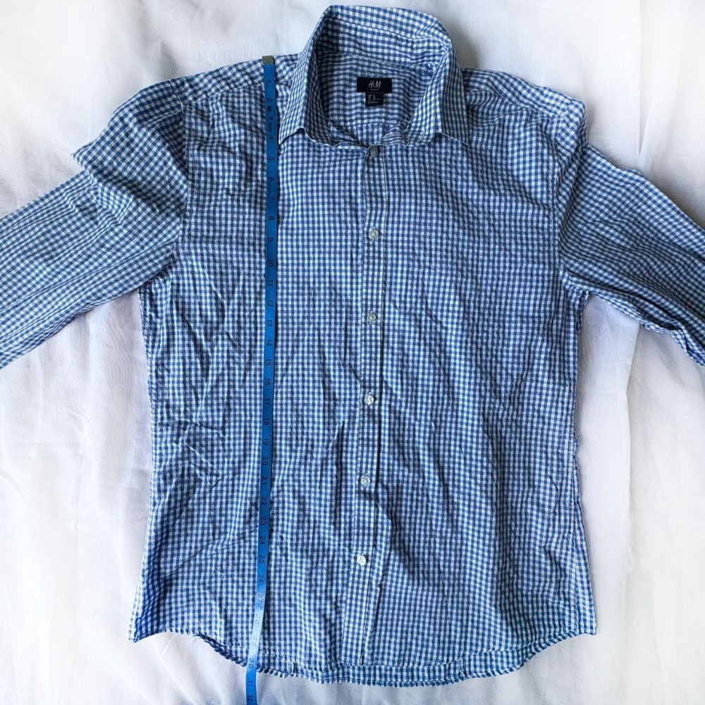 H&M Men's Size XL Easy Iron Slim Fit Long Sleeve Blue Print Button Down Shirt - Picture 4 of 6